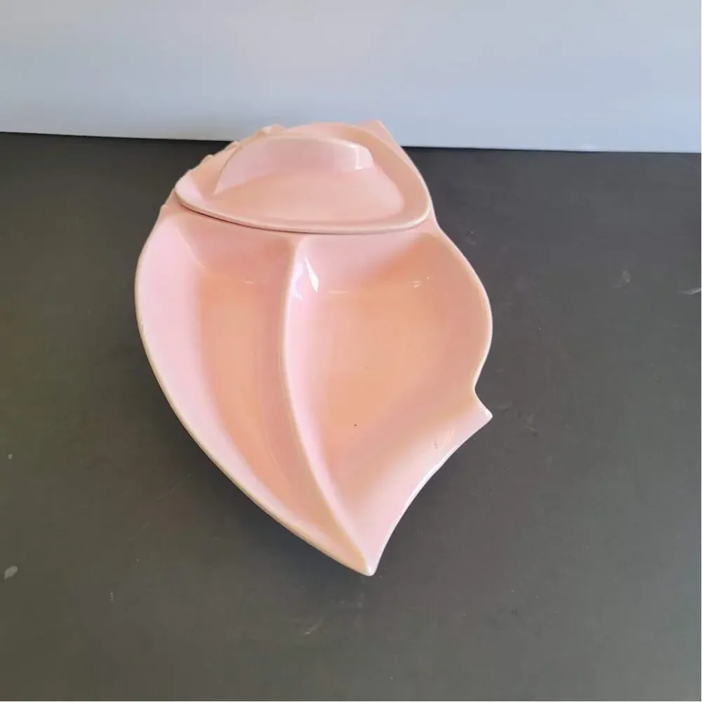 California Pottery Pink Covered Dish MCM Divided Leaf Shape Serving Tray VINTAGE